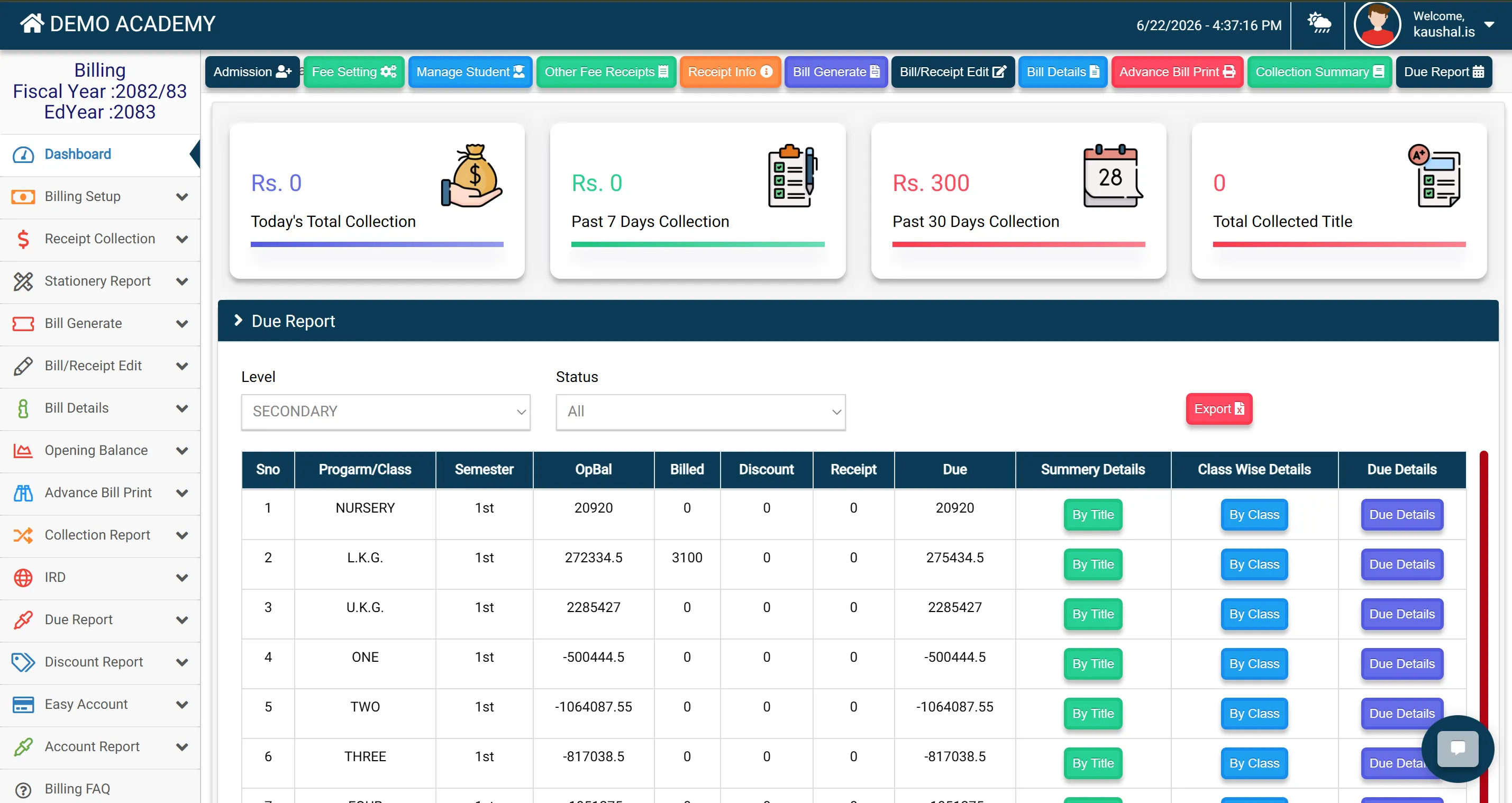 InSchoolERP Billing  Dashboard
