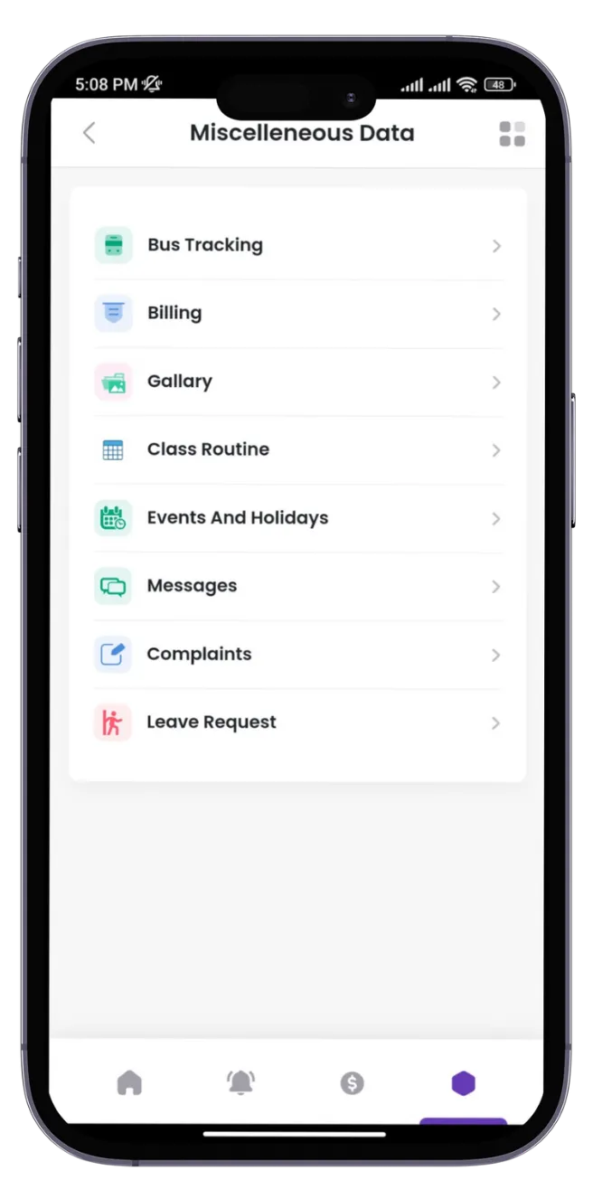 AcademePlus app alerts and notifications screen